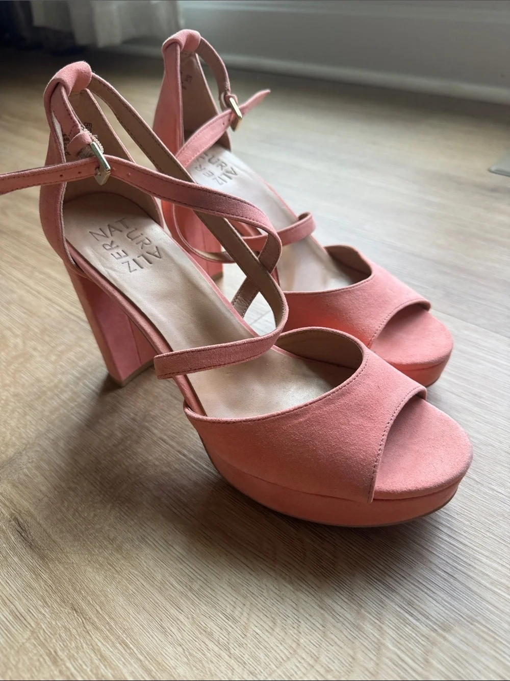 Naturalizer Coral Pink Suede Platform Block Heel Sandals